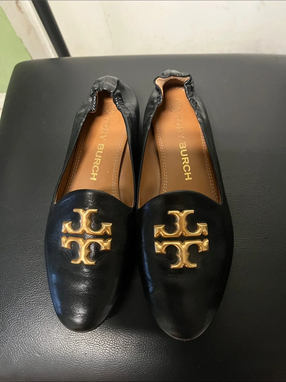Tory Burch Black Leather Flats with Gold Logo Medallions